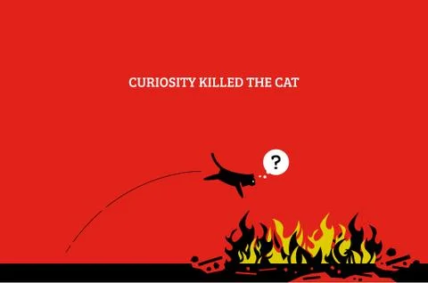 Curiosity kills the cat. Vector artwork showing a cat jump into a fire and ki Illustrazione stock