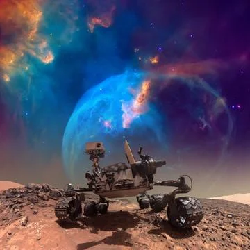 Curiosity rover exploring the surface of Mars. Stock Photos