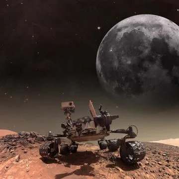 Curiosity rover exploring the surface of Mars. Stock Photos