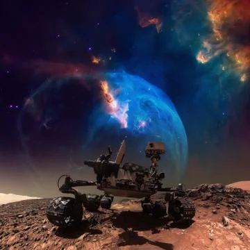 Curiosity rover exploring the surface of Mars. Stock Photos