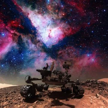 Curiosity rover exploring the surface of Mars. Stock Photos