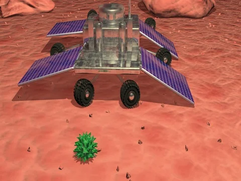 Curious Alien life crawling on robotic land rover probe Stock-Footage 74643408