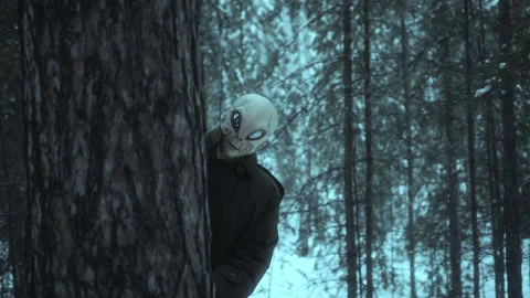 Curious Alien Peeking Out from behind Pine Tree Stock Footage 262694738