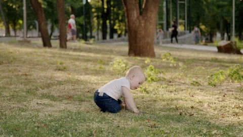 Curious baby exploring vibrant grass and leaves, engaging with natures textures Stock Footage 315428383