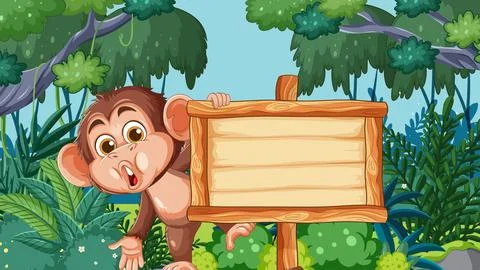 Curious Baby Monkey Peeking Behind Wooden Jungle Sign Stock Illustration