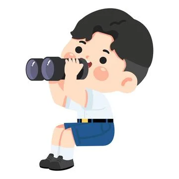 Curious Boy Looking Through Binoculars Exploring Nature Stock Illustration