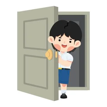 Curious Boy Peeking Through Open Door Stock Illustration
