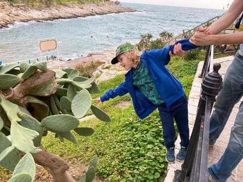 Curious boy reaching to touch cactus while father holds him safely Stock Photos
