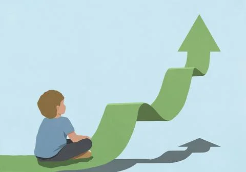 Curious boy sitting on and looking up at rising green arrow on blue background Stock Illustration