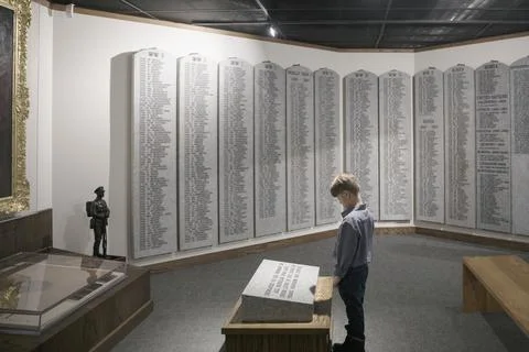 Curious boy viewing exhibit plaque in war museum Stock Photos