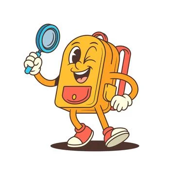 Curious cartoon backpack character stands with a big smile and magnifying gla Stock Illustration