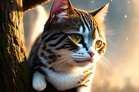 Curious cat looking at the camera in a tree hollow, fisheye portrait, AI ge.. Stock Illustration