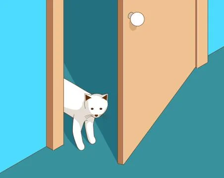 Curious cat opens the door and looks in Stock Illustration