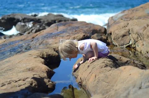 Curious Child Exploring Tidal Pool on Rocky Beach Stock Photos