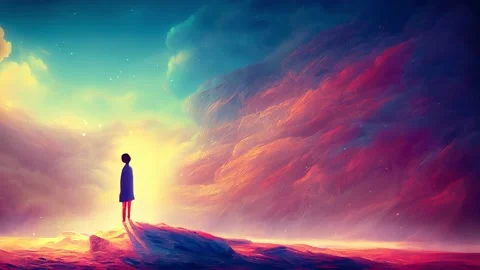 Curious child looking at the colorful clouds in the sky. Beautiful and inspir Video stock 221176076