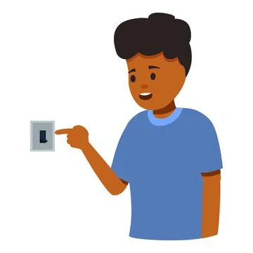 Curious child pointing at light switch, exploring electricity and safety Illustrazione stock