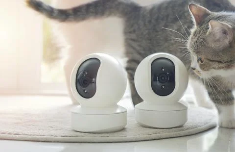 Curious cute tabby cat looking at home CCTV cameras on carpet while sneakin.. Stock Photos