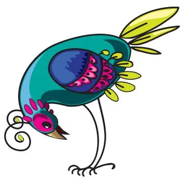 Curious decorative tropical multi-colored bird, design element Stock Illustration