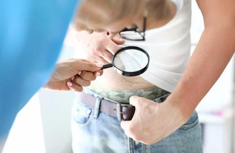 Curious examination of a mans midsection using a magnifying glass in a bright Stock Photos