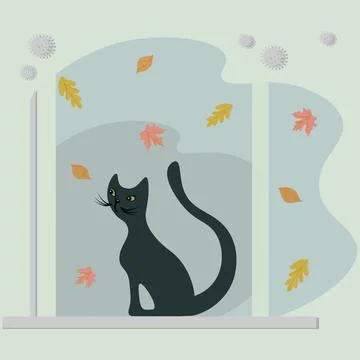 A curious gray cat sits on the windowsill and looks at the falling autumn lea Stock Illustration