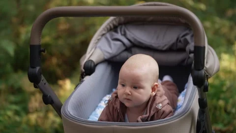 Curious infant boy resting in a comfortable stroller while enjoying a pleasant Video stock 346534781