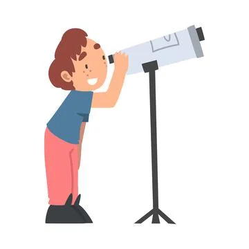 Curious Little Boy Observing Solar Planets with Telescope Studying Space and Stock Illustration