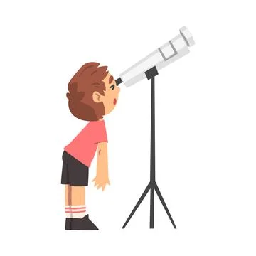 Curious Little Boy Observing Solar Planets with Telescope Studying Space and Stock Illustration
