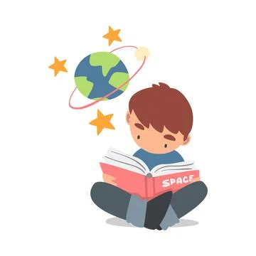 Curious Little Boy Reading Book about Solar Planets Studying Space and Galaxy Stock Illustration