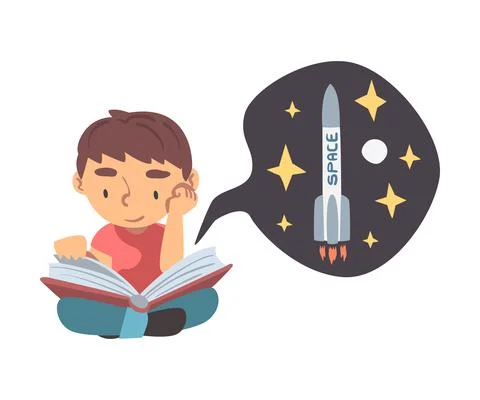 Curious Little Boy Reading Book about Solar Planets Studying Space and Galaxy Stock Illustration