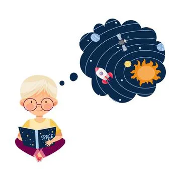 Curious Little Boy Studying Space and Galaxy Reading Book about Solar Planets Stock Illustration