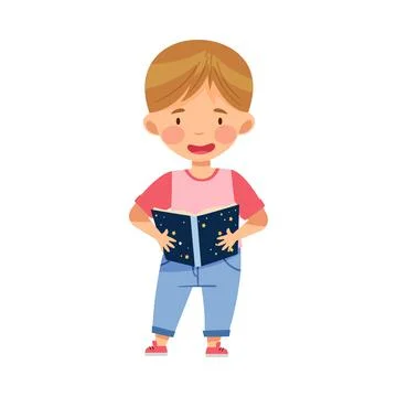 Curious Little Boy Studying Space and Galaxy Reading Book about Solar Planets Stock Illustration