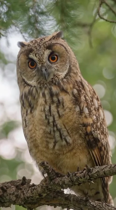 A curious long-eared owl tilts its head on a branch in the forest Video stock 346904914