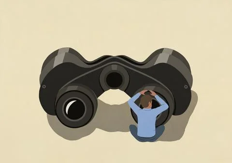 Curious man looking through large binoculars on yellow background Stock Illustration