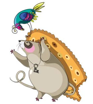 Curious mouse holding cracker cookie, talking with bird Stock Illustration