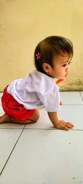 Curious one year old holding a vibrant carrot on the wooden steps Fotos de archivo