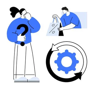 Curious person holding a question mark, shopper examining purchase, gear with Stock Illustration