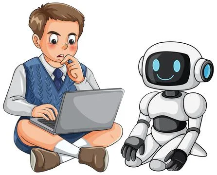 Curious Schoolboy Learning with Friendly Robot Companion Illustrazione stock