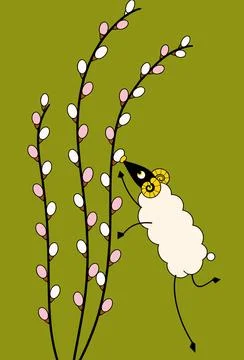 A Curious Sheep with Pussy Willows Stock Illustration