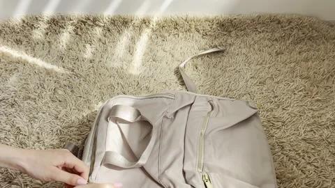 Curious tabby cat playing inside a travel bag while a woman packs for a vac.. Vídeos de archivo 334617511