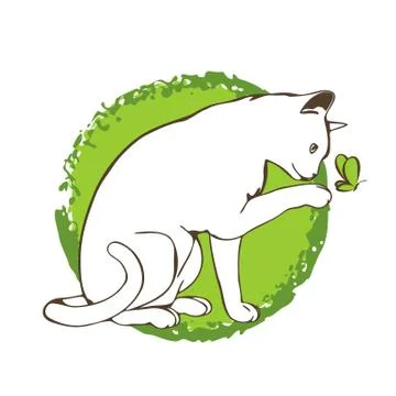 Curious white cat on green background. Cute playing cat. Stock Illustration