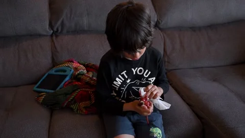 Curious young boy cleaning his dinosaur toy on the sofa Stock Footage 334597360