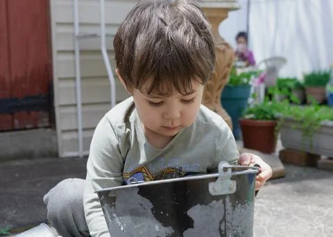 Curious young boy exploring the backyard on a sunny day Stock Photos