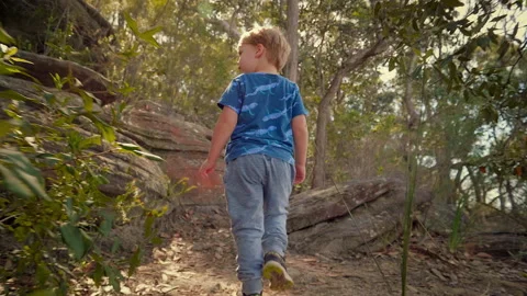 Curious young boy exploring on a bush track, slow motion Stock Footage 130229603