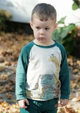Curious young boy playing with fallen leaves in the backyard on a warm autumn Stockfoto's