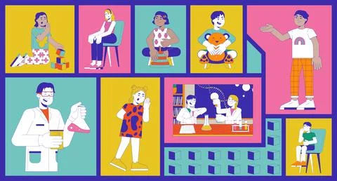 Curious young minds in science early childhood play bento grid illustration set Stock Illustration