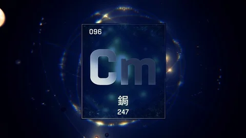 Curium as Element 96 of the Periodic Table 3D animation on blue background Stock Footage 126452843