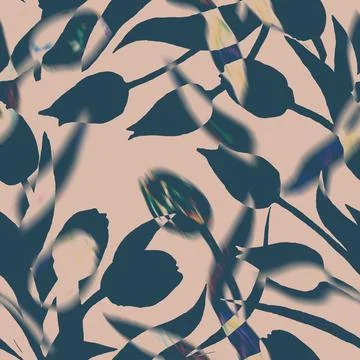Curled spotted seamless pattern with silhouettes of blue tulips on beige. Stock Illustration