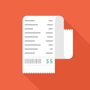 Curled White Receipt with Barcode and Dollar Signs in Long Shadow Stock Illustration