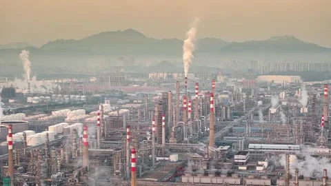 Curling fire and cumin smoke filling the sky. Smoking chimneys from the factory Stock Footage 324872693