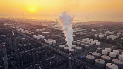 Curling fire and cumin smoke filling the sky. Smoking chimneys from the factory Stock Footage 324872783
